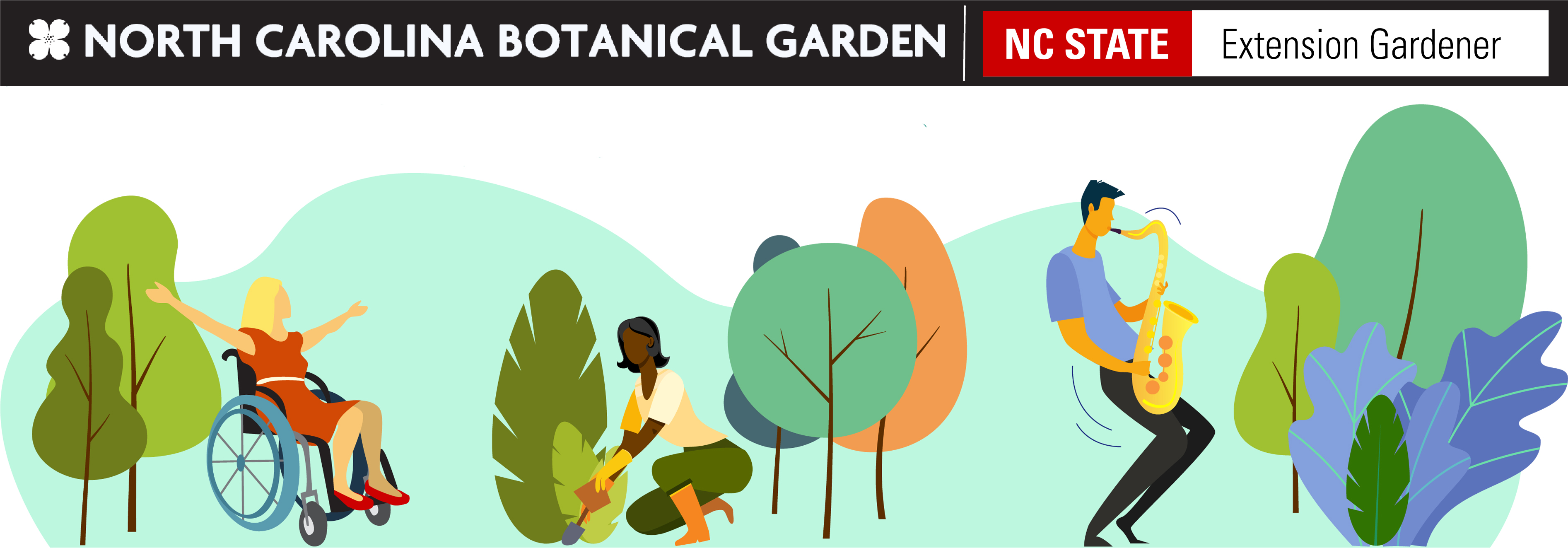 North Carolina Botanical Garden logo with illustrations of people enjoying nature.