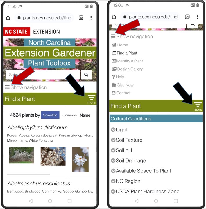 A diagram of the portrait layout out the Plant Toolbox website as seen on mobile with arrows denoting places to interact with the sites menus. 