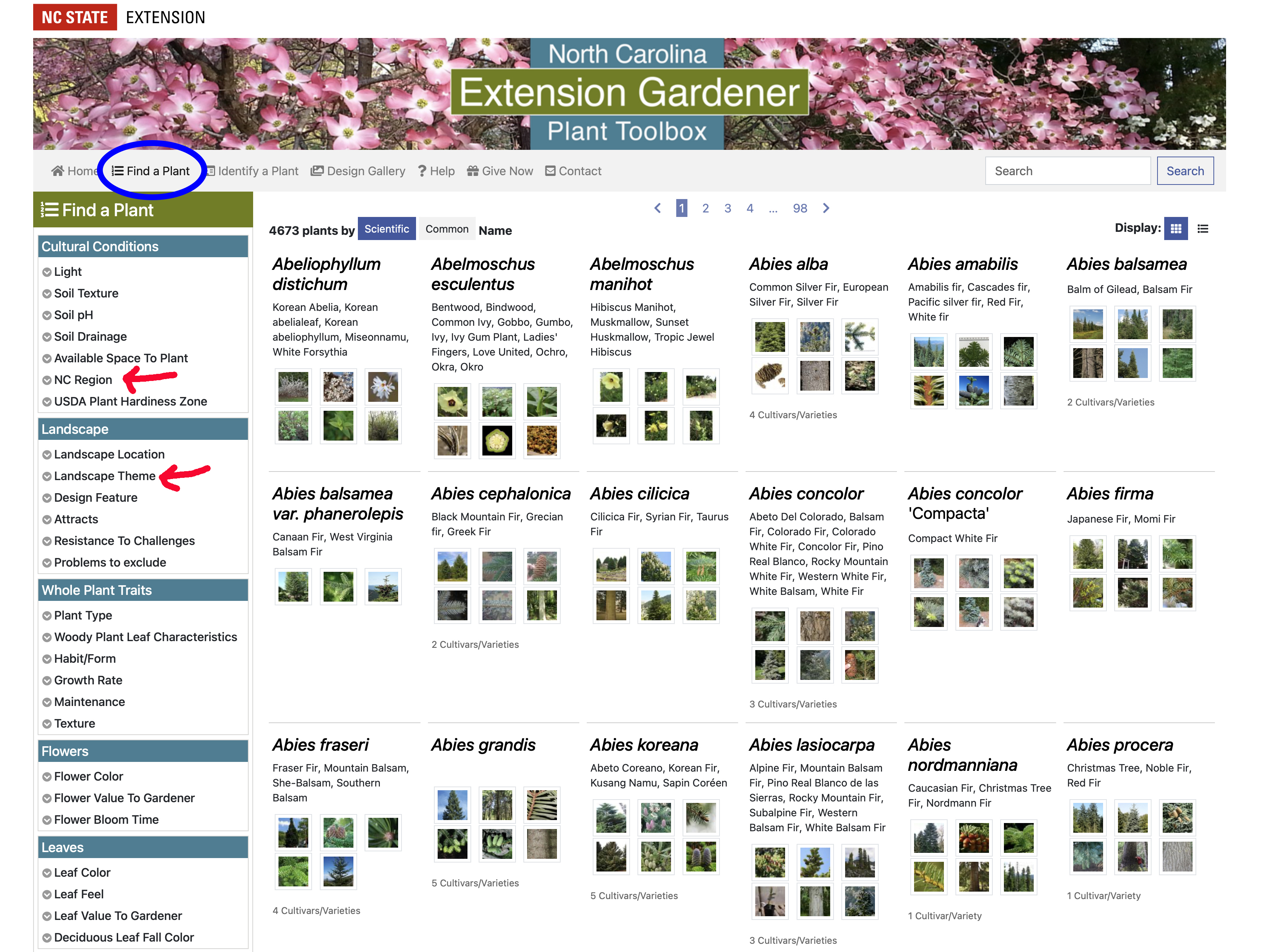 page view with Find a Plant circled and left side menu choices indicated with arrows.