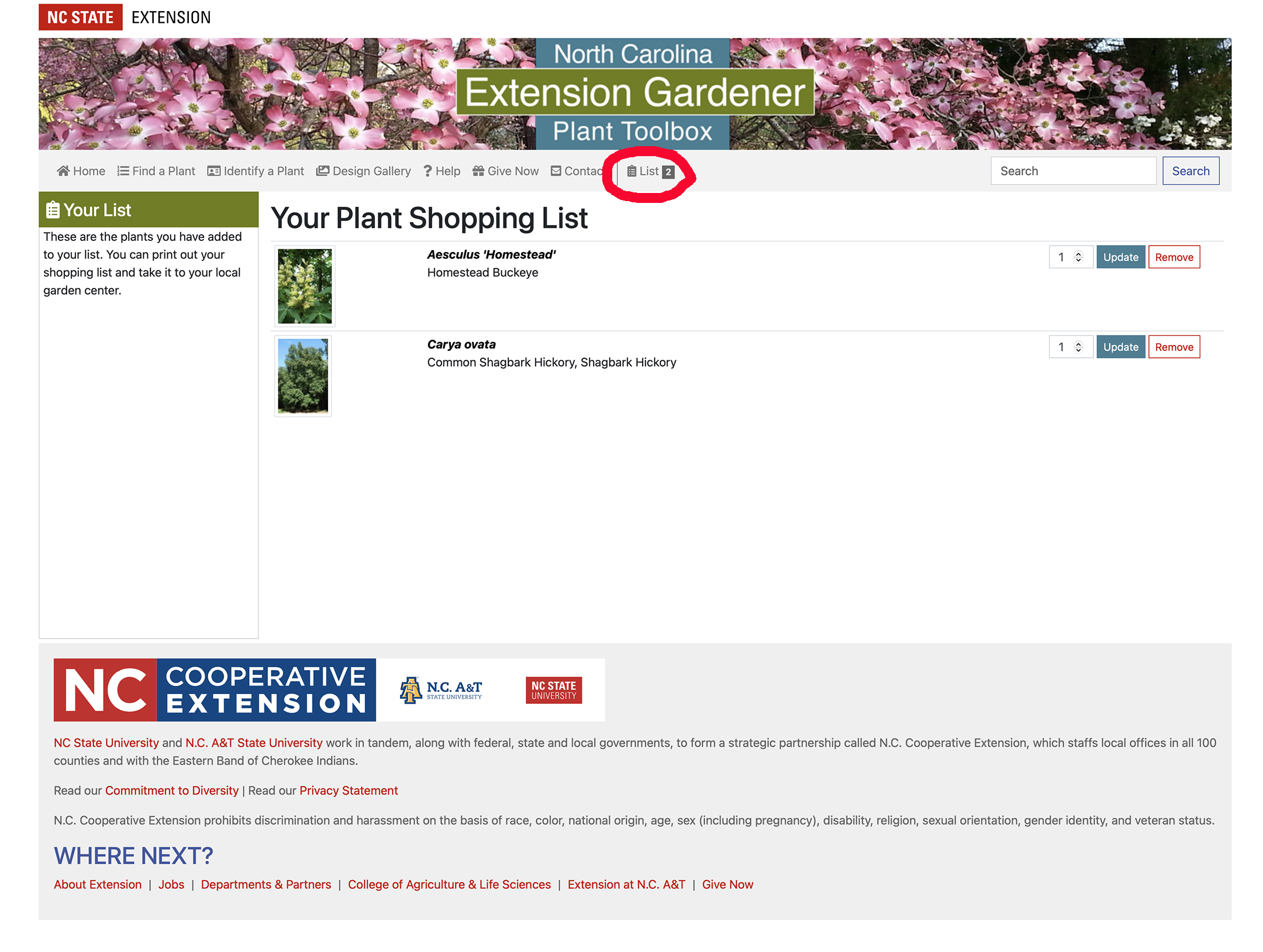 Page view of shopping list showing two items. List button circled in red.
