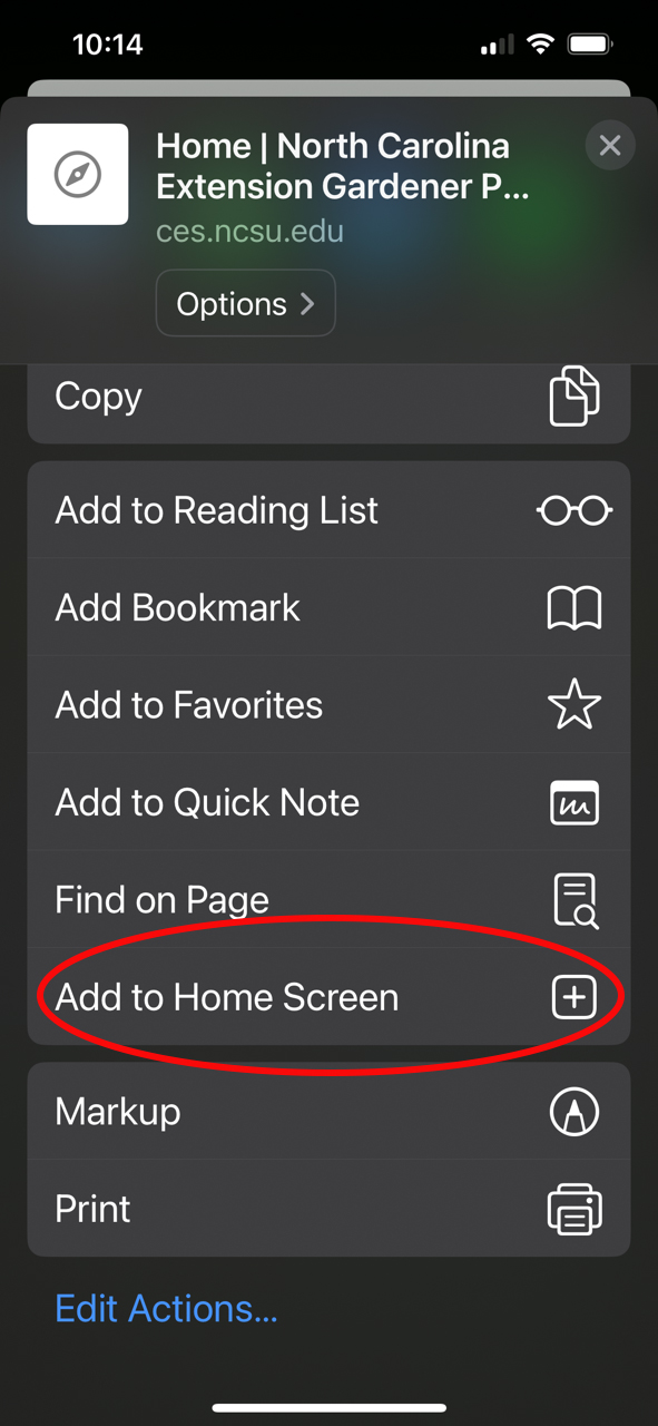 Screenshot of the export menu showing Add to Home Screen.